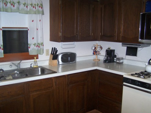 The other corner of the kitchen. Same old ugly curtain. I was also thinking about painting the cabinets. We are renters, so this might be a project for after we have been here a while. But, they are old, shabby cupboards, so maybe, just maybe...