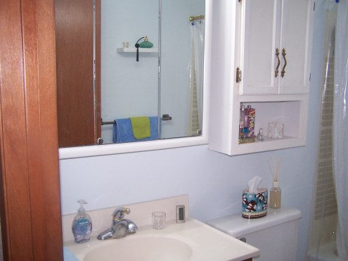 Close up of sink and storage.  Pretty much the entire bathroom.