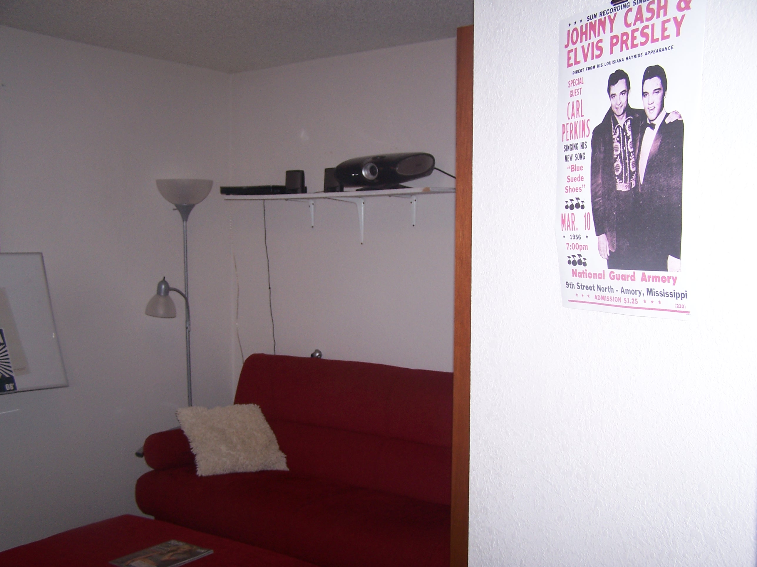 From the doorway looking into the den. You can see the futon and the projection shelf. I have a plan for some art to hang along the empty wall. 