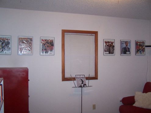 Here is a view of the whole wall.  Some form of curtains or window treatments would probably tie the area together. 