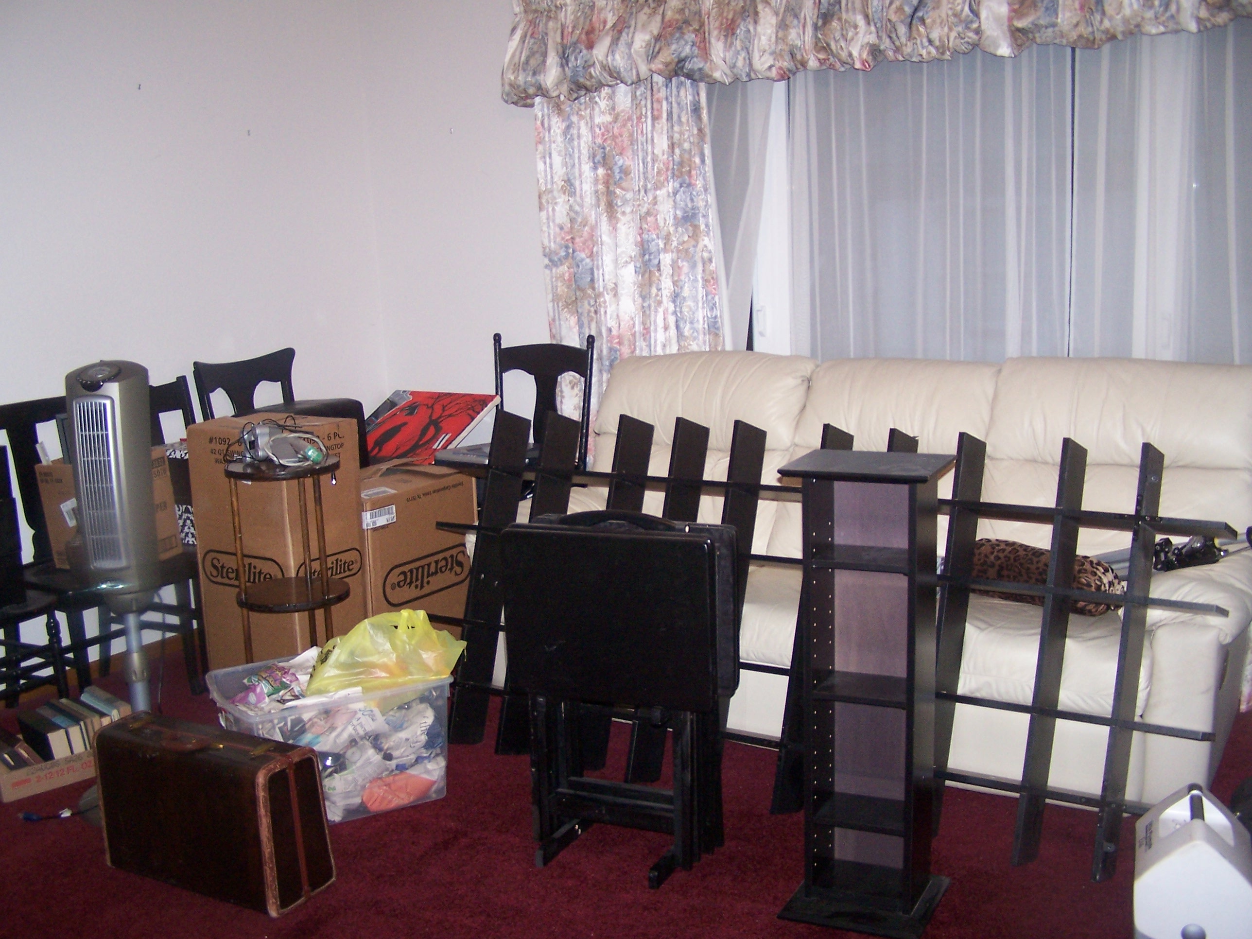 This is the before of our living room and boxes. And the UGLY curtains!