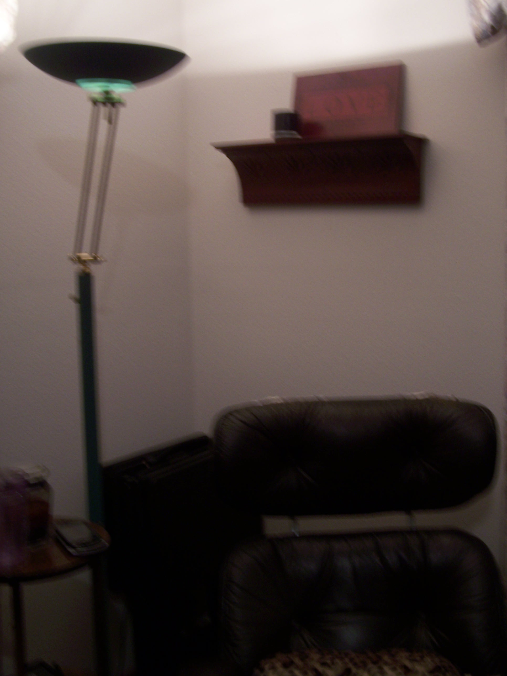 I know its dark, but this is the shelf hung in the corner of the living room behind the Eames lounger.